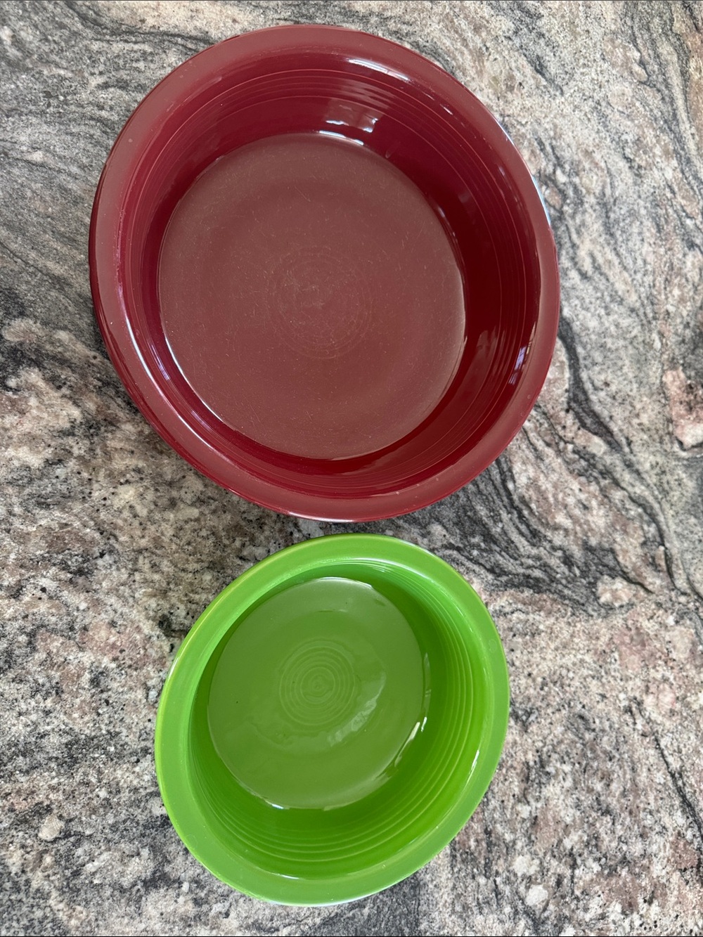 Vintage Fiesta Green and Burgundy Ceramic Serving Bowls - Set of 2